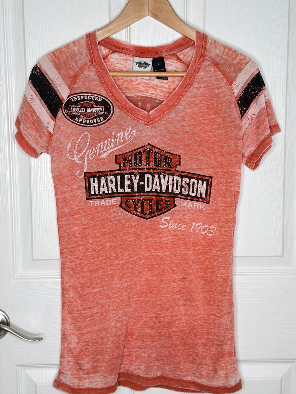 Harley-Davidson Women's Genuine Oil Can Burnout V-neck Tee Vintage Orange Small - Picture 2 of 10